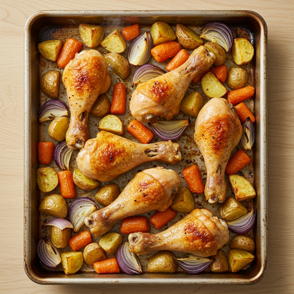 Crispy Baked Chicken Drumsticks with Roasted Root Vegetables