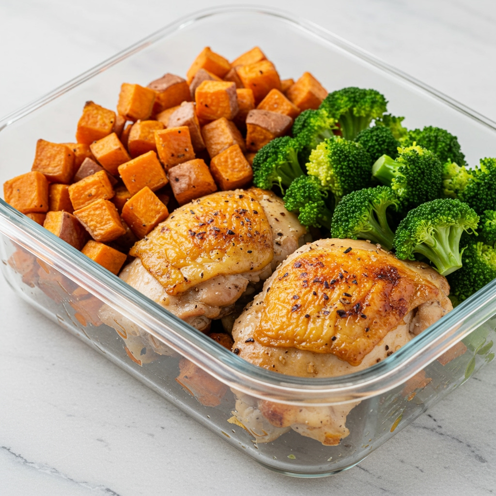 Lemon Herb Roasted Chicken Thighs with Sweet Potatoes & Broccoli