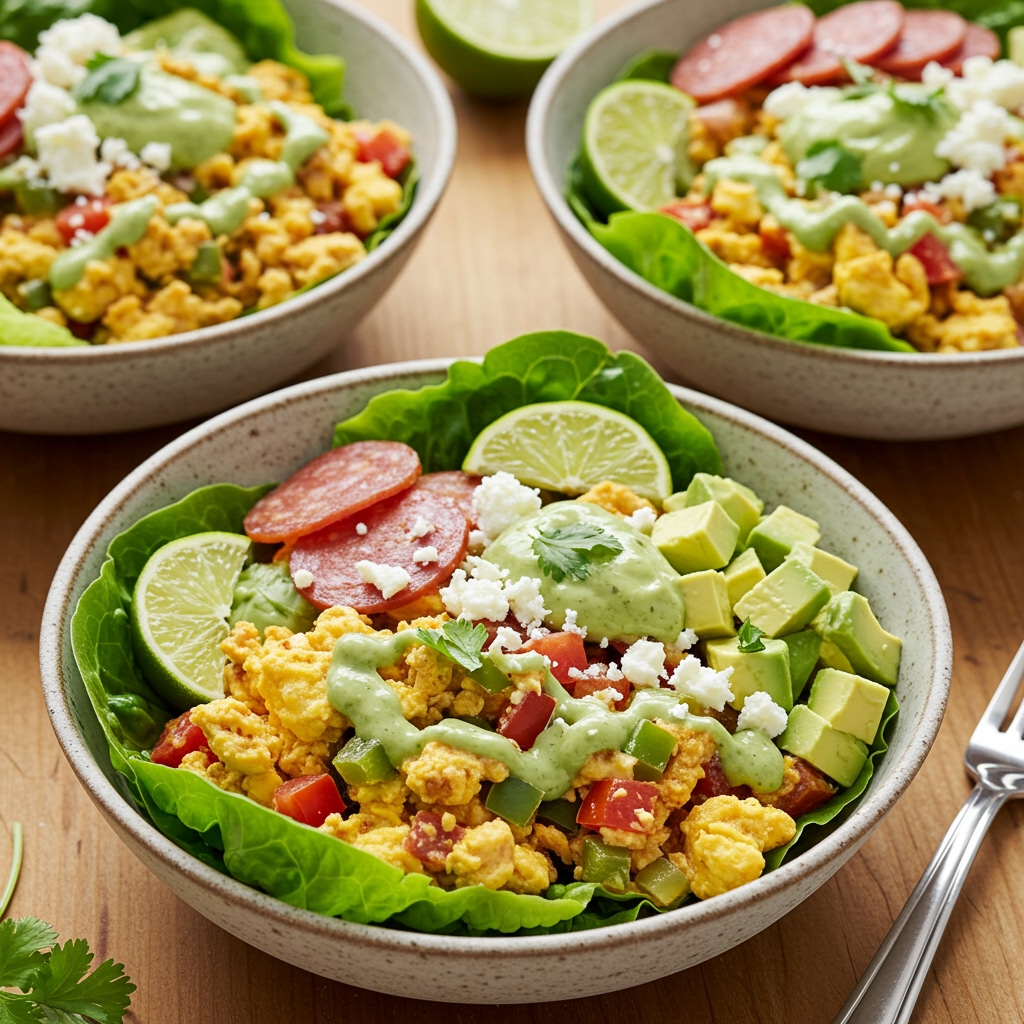 Zesty Salami & Feta Egg Scramble Bowls with Fresh Avocado-Lime Dressing