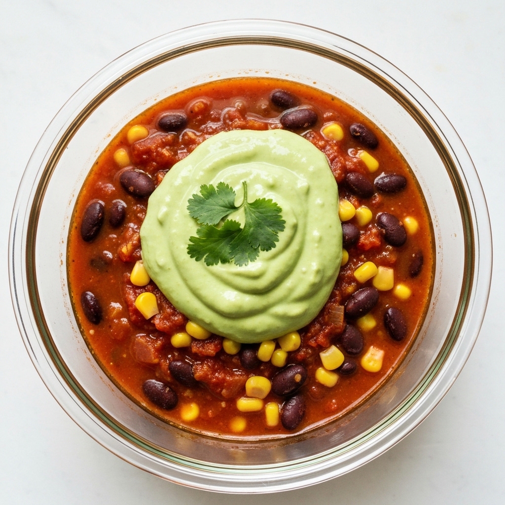 Spicy Black Bean & Corn Vegetarian Chili with Avocado Crema