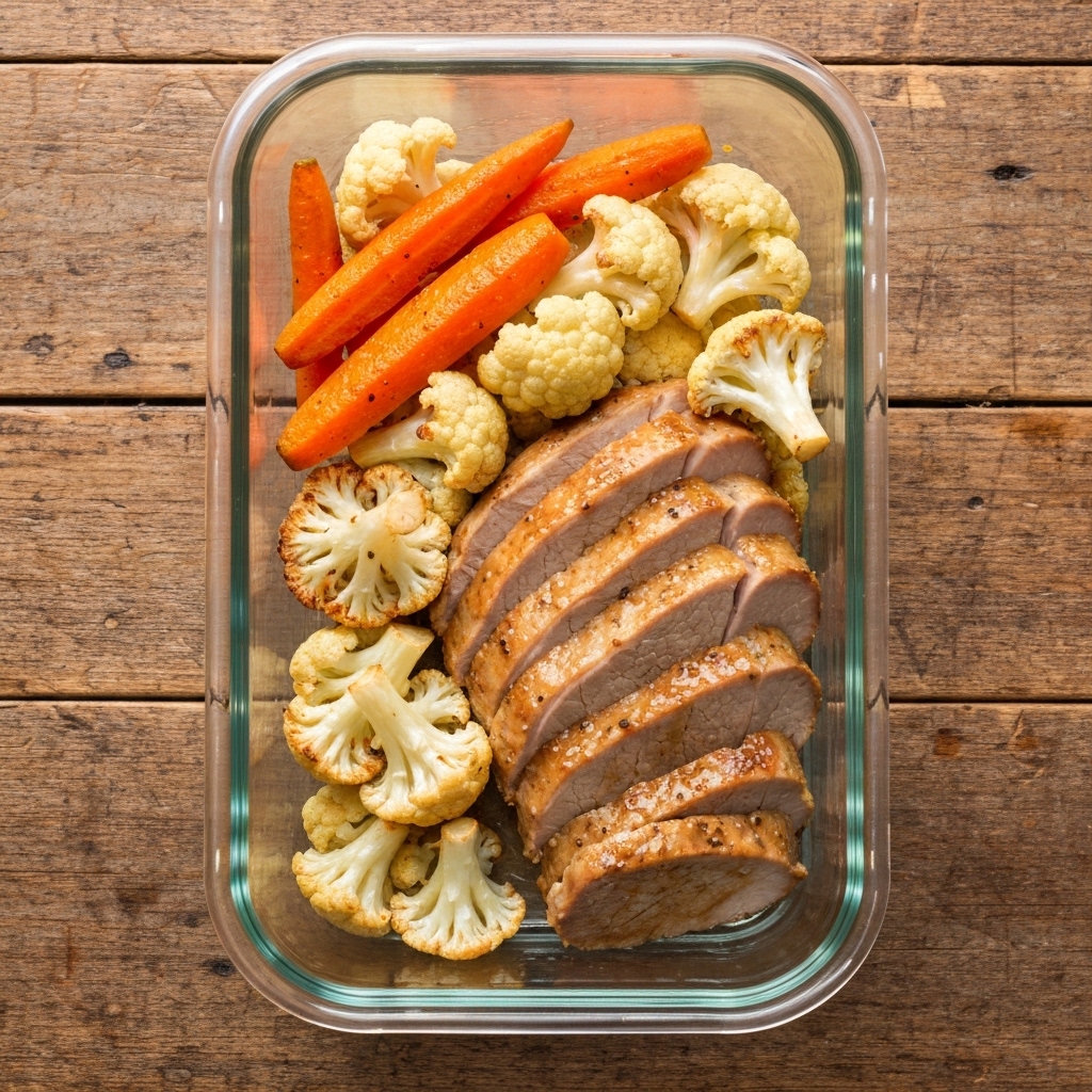Maple Glazed Pork Loin with Roasted Cauliflower and Carrots
